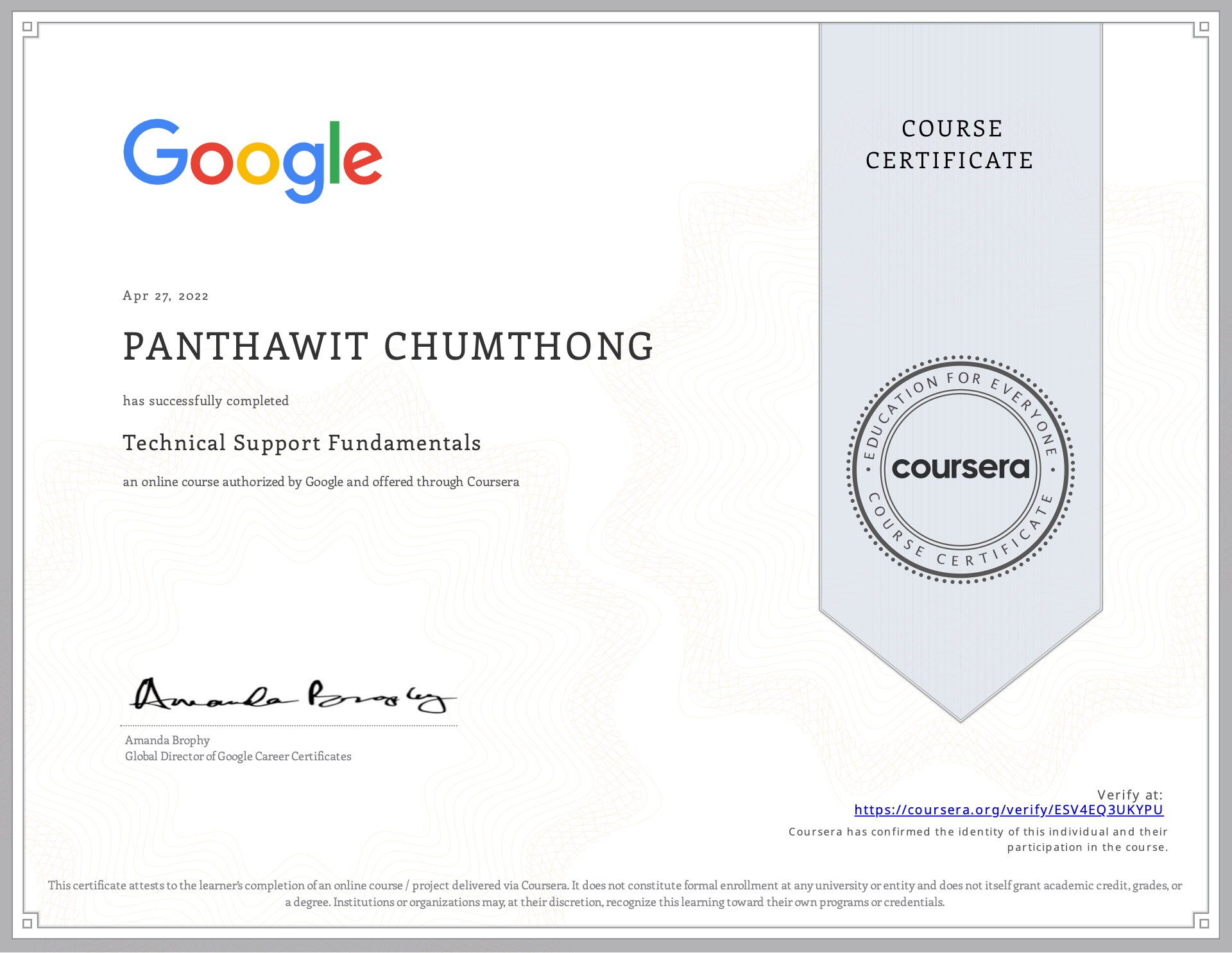 Technical Support Fundamentals certificate